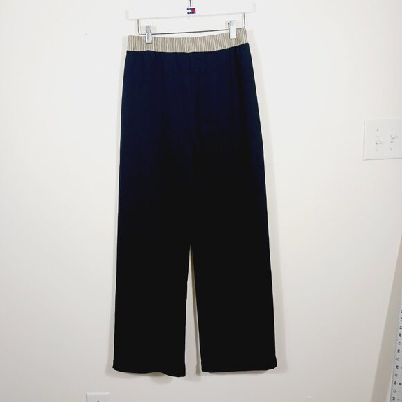 Zara, Mixed Media Pull On Pants (M) Stretch Waist Deep Navy/Khaki & White Stripe - Picture 4 of 15